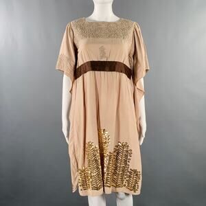 COSMIC WONDER Size S Khaki Beige Silk Cotton Embroidered Oversized Dress